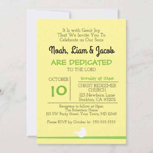 Taube auf Zweig Gelbe Dedication Einladung (Vorderseite)