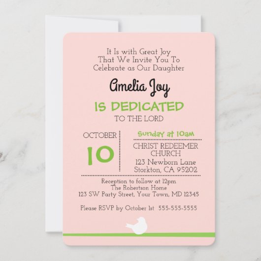 Taube auf Zweig rosa Dedication Einladung (Vorderseite)