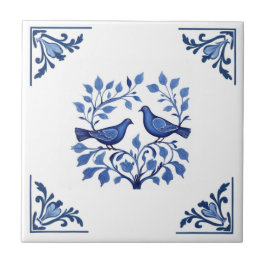 Taube Dove Bird Couple Blue White Delft Corners Fliese