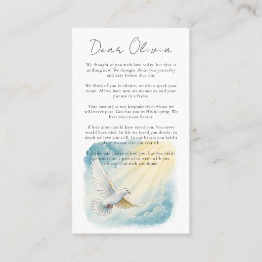 Taube in Sunlight Memorial Beerdigung Gebetskarte Begleitkarte (Rückseite)