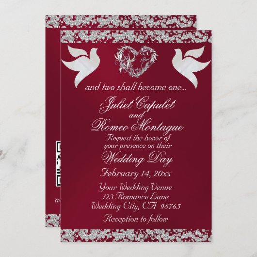 Taube, Silberherz & Glitzer, QR-Code - Burgudy Einladung (Vorne/Hinten)