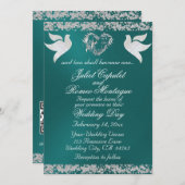 Taube, Silberherz und Glitzer, QR-Code - Aquamarin Einladung (Vorne/Hinten)