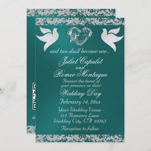 Taube, Silberherz und Glitzer, QR-Code - Aquamarin Einladung (Vorne/Hinten)