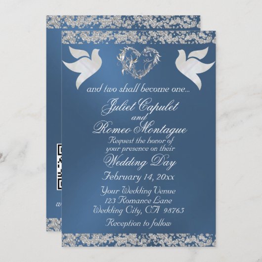 Taube, Silberherz und Glitzer, QR-Code - Blau Einladung (Vorne/Hinten)