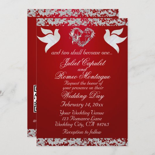 Taube, Silberherz und Glitzer, QR-Code - Crimson Einladung (Vorne/Hinten)