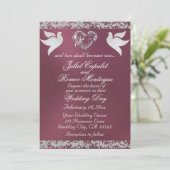 Taube, Silberherz und Glitzer, QR-Code - Lavendel Einladung (Stehend Vorderseite)