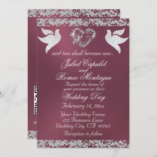 Taube, Silberherz und Glitzer, QR-Code - Lavendel Einladung (Vorne/Hinten)