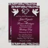 Taube, Silberherz und Glitzer, QR-Code - Lila Einladung (Vorne/Hinten)