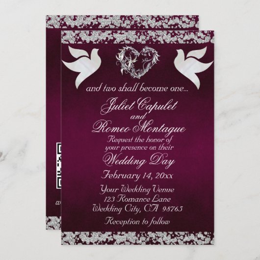 Taube, Silberherz und Glitzer, QR-Code - Lila Einladung (Vorne/Hinten)