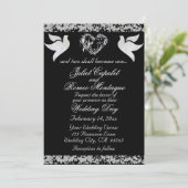 Taube, Silberherz und Glitzer, QR-Code - Schwarz Einladung (Stehend Vorderseite)