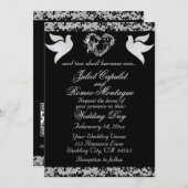 Taube, Silberherz und Glitzer, QR-Code - Schwarz Einladung (Vorne/Hinten)