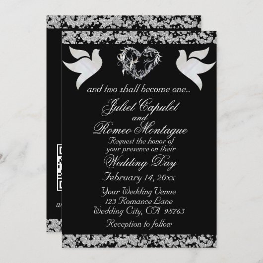 Taube, Silberherz und Glitzer, QR-Code - Schwarz Einladung (Vorne/Hinten)