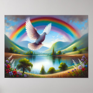Taube unter einem Regenbogen Poster