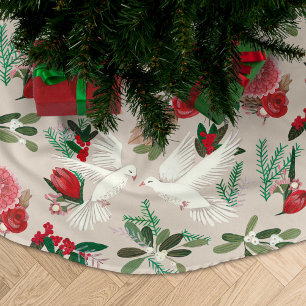 Tauben florales Weihnachten beige Polyester Weihnachtsbaumdecke