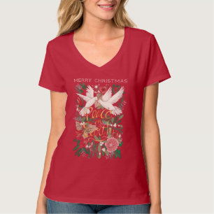 Tauben Frieden auf Erden floral rot T-Shirt