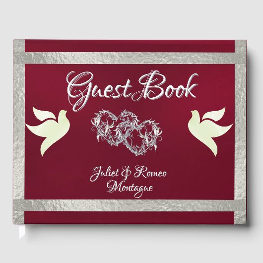 Tauben, Herz und Band - Burgund/Silber Gästebuch (Vorderseite)