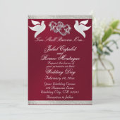 Tauben, Herz und Band, QR-Code - Burgund/Silber Einladung (Stehend Vorderseite)