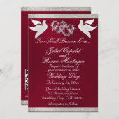 Tauben, Herz und Band, QR-Code - Burgund/Silber Einladung (Vorne/Hinten)