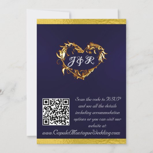 Tauben, Herz und Band, QR-Code - Navy Blue/Gold Einladung (Rückseite)