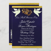 Tauben, Herz und Band, QR-Code - Navy Blue/Gold Einladung (Vorne/Hinten)
