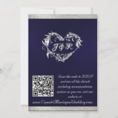 Tauben, Herz und Band, QR-Code - Navy Blue/Silver Einladung (Rückseite)