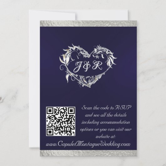 Tauben, Herz und Band, QR-Code - Navy Blue/Silver Einladung (Rückseite)