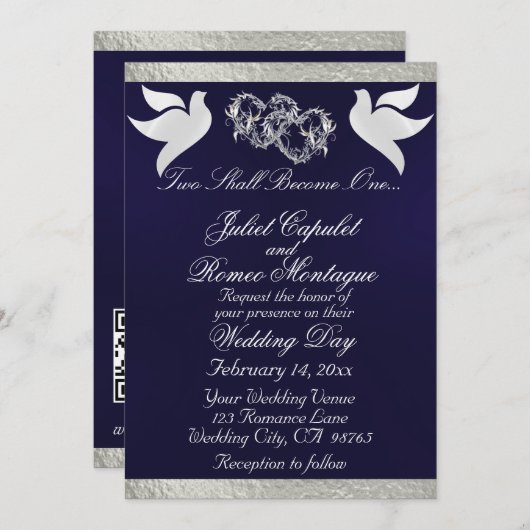 Tauben, Herz und Band, QR-Code - Navy Blue/Silver Einladung (Vorne/Hinten)