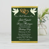 Tauben, Herz und Band, QR-Code - Smaragd/Gold Einladung (Stehend Vorderseite)