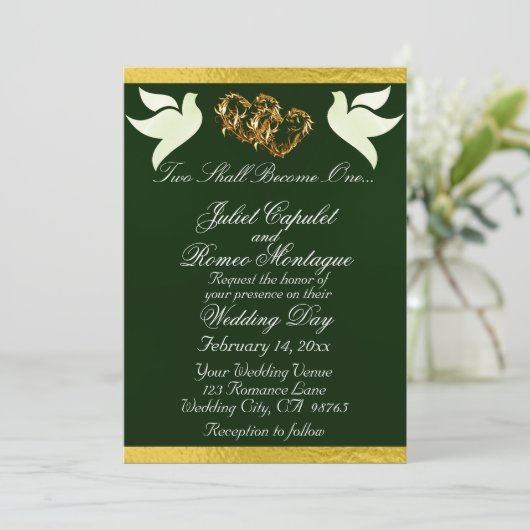 Tauben, Herz und Band, QR-Code - Smaragd/Gold Einladung (Stehend Vorderseite)