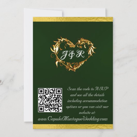 Tauben, Herz und Band, QR-Code - Smaragd/Gold Einladung (Rückseite)