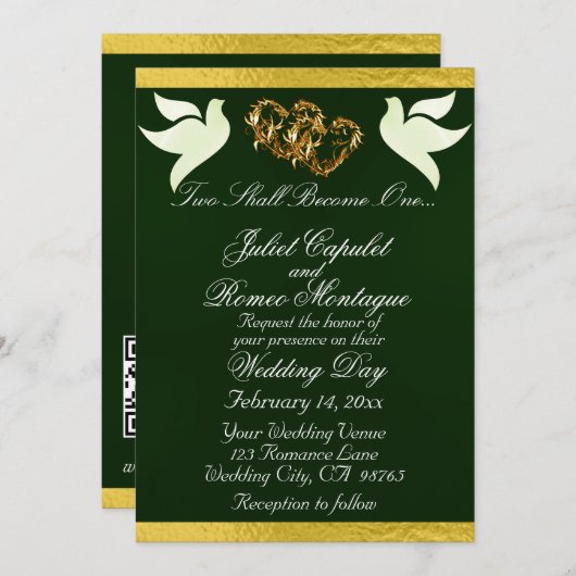 Tauben, Herz und Band, QR-Code - Smaragd/Gold Einladung (Vorne/Hinten)