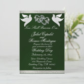 Tauben, Herz und Band, QR-Code - Smaragd/Silber Einladung (Stehend Vorderseite)