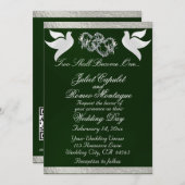 Tauben, Herz und Band, QR-Code - Smaragd/Silber Einladung (Vorne/Hinten)