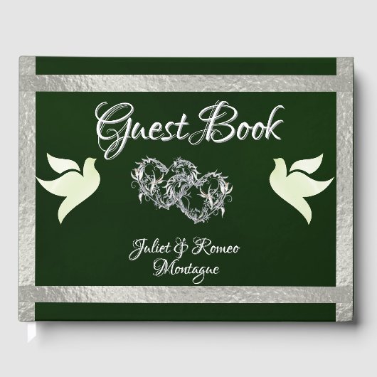 Tauben, Herz und Band - Smaragd/Silber Gästebuch (Vorderseite)