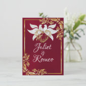 Tauben, Herz und Gold-Blätter auf Burgund Einladung (Stehend Vorderseite)