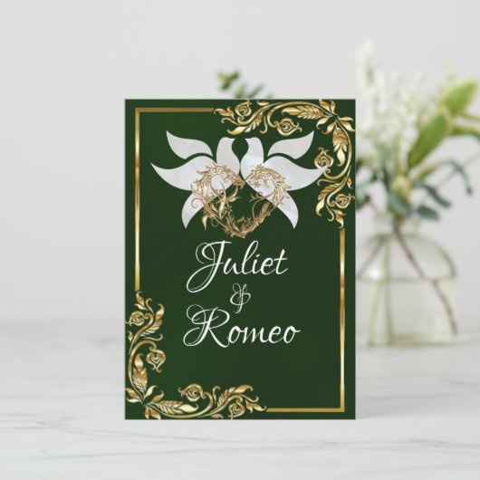 Tauben, Herz und Gold-Blätter auf Smaragdgrün Einladung (Stehend Vorderseite)