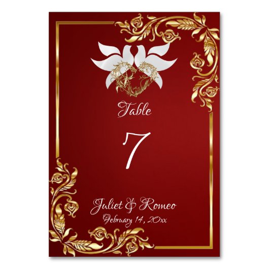 Tauben, Herz und Gold Rahmen für Ruby Red Tischnummer (Rückseite)
