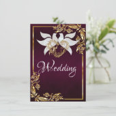 Tauben, Herz und Goldrahmen auf dunklen Lila Einladung (Stehend Vorderseite)