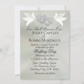 Tauben, Herzen, QR Code - Pastell Salbei/Silber Einladung (Vorderseite)