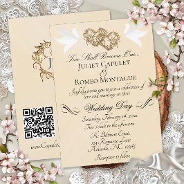 Tauben, Herzen, QR Code - Peach Pearl/Gold Einladung