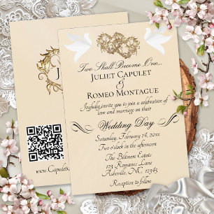 Tauben, Herzen, QR Code - Peach Pearl/Gold Einladung