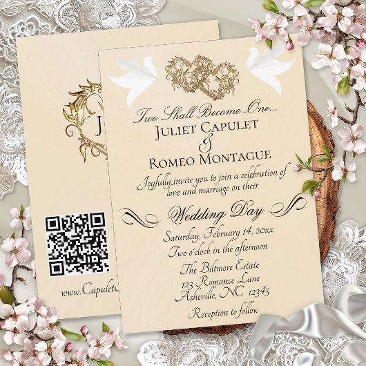 Tauben, Herzen, QR Code - Peach Pearl/Gold Einladung
