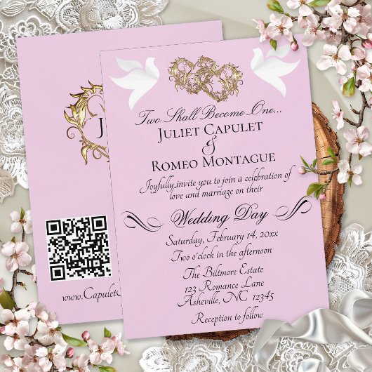 Tauben, Herzen, QR Code - Pink Pearl/Gold Einladung