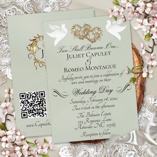Tauben, Herzen, QR-Code - Salbei Pearl/Gold Einladung