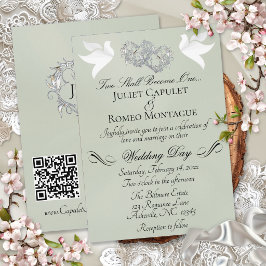 Tauben, Herzen, QR-Code - Salbei Pearl/Silber Einladung