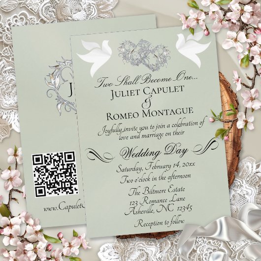 Tauben, Herzen, QR-Code - Salbei Pearl/Silber Einladung