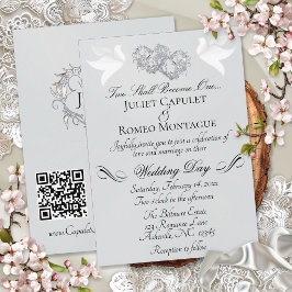 Tauben, Herzen, QR Code - Silber Pearl/Silber Einladung