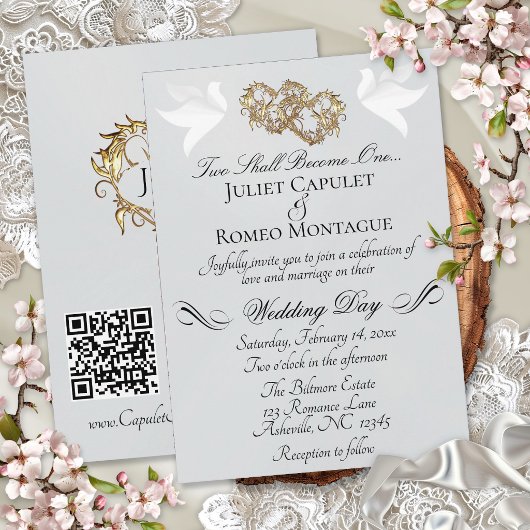 Tauben, Herzen, QR-Code - Silber Perle/Gold Einladung
