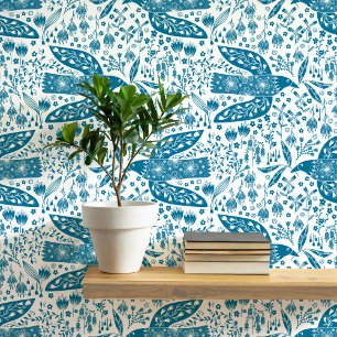 Tauben und Blume Aquamarine und weiße Vogelkunst Tapete