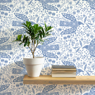 Tauben und Blume Blaue und weiße Vogelkunst Tapete